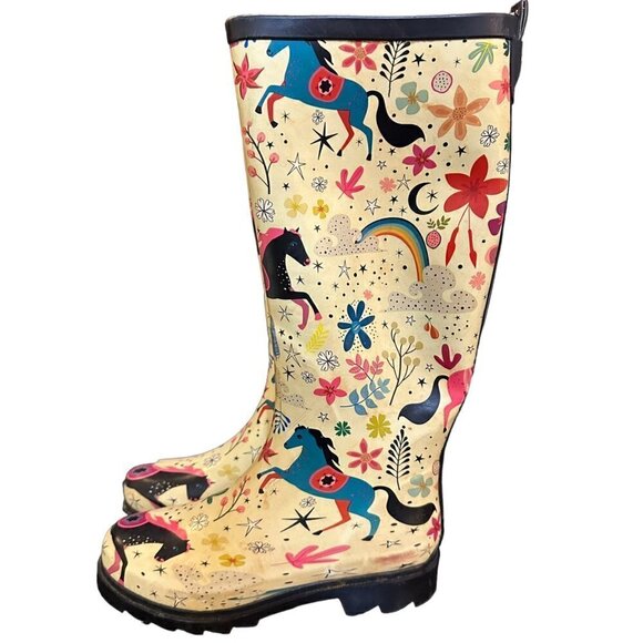Lone Cone Rain Boots Tall Outdoor Matte Finish Fun Moroccan Horses Womens Size 5 - Picture 6 of 9